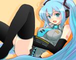  amiesdeli aqua_eyes aqua_hair detached_sleeves hatsune_miku headphones long_hair necktie open_mouth panties skirt smile solo striped striped_panties thigh-highs thighhighs twintails underwear very_long_hair vocaloid 