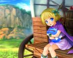  bianca&#039;s_daughter bianca's_daughter blonde_hair blue_eyes blush boots bow cape child dragon_quest dragon_quest_v gloves hair_bow hug mutsuki_(moonknives) open_mouth short_hair sitting slime wagon wheel 