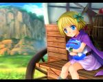 bianca&#039;s_daughter bianca's_daughter blonde_hair blue_eyes blush boots bow cape child dragon_quest dragon_quest_v gloves hair_bow hug mutsuki_(moonknives) pout short_hair sitting slime wagon wheel 