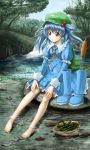  :3 absurdres backpack bag barefoot blue_dress blue_eyes blue_hair blush boots cattail cucumber dress feet_in_water hair_bobbles hair_ornament hat highres kawashiro_nitori key kouzui nature plant rubber_boots shoes_removed short_hair sitting soaking_feet solo touhou tree twintails water 
