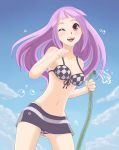  amino_(peperonn) bikini blush breasts checkered cleavage cloud clouds evelyn_(rune_factory) front-tie_top highres hose long_hair midriff miniskirt navel purple_eyes purple_hair rune_factory rune_factory_3 skirt sky swimsuit violet_eyes wink 
