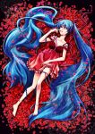  blue_hair finger_to_mouth hair_ribbon hatsune_miku highres long_hair lying petals ribbon shizuku_(kuruizakura) twintails very_long_hair vocaloid 