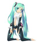  1girl aqua_eyes aqua_hair bad_id barefoot belt bridal_gauntlets elbow_gloves fingerless_gloves gloves haribote_(tarao) hatsune_miku hatsune_miku_(append) long_hair miku_append navel necktie simple_background smile solo thighhighs toeless_socks twintails very_long_hair vocaloid vocaloid_append 