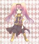  alternate_hairstyle aqua_eyes artist_request boots fang long_hair megurine_luka pink_hair skirt solo source_request tahya thighhighs twintails vocaloid young 