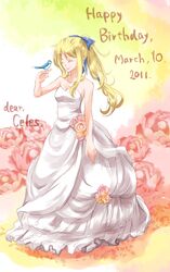  bare_shoulders bird bird_on_hand blonde_hair blue_ribbon bow celes_chere character_name closed_eyes dress eyes_closed female final_fantasy final_fantasy_vi flower ginshachi hair_bow happy_birthday high_ponytail highres long_hair mossari_(pixiv1286047) multicolored_rose pink_rose ponytail ribbon rose smile solo yellow_rose 