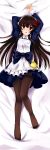  absurdres aoki_hagane_no_arpeggio apron arm_up black_legwear blush bow brown_hair character_request dakimakura dress fangs flower hair_flower hair_ornament highres long_hair long_image lying maid maya_(aoki_hagane_no_arpeggio) mizuki_ame open_mouth pantyhose pillow red_eyes smile solo tall_image 