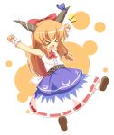  &gt;_&lt; armpits belt blush bow chibi clenched_hands closed_eyes eyes_closed fang fist hair_bow horn_ribbon horns ibuki_suika long_hair orange_hair outstretched_arms pila-pela ponytail raised_fists ribbon skirt sleeveless sleeveless_shirt solo touhou wrist_cuffs wristband 