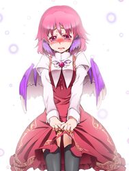  animal_ears black_legwear blush dress dress_lift haruichi head_wings highres mystia_lorelei pink_eyes pink_hair short_hair skirt_grab solo tears thigh-highs thighhighs touhou wings 