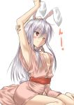  alternate_costume animal_ears armpits arms_up blush breasts bunny_ears bunny_tail cleavage long_hair no_bra no_panties open_clothes open_shirt purple_hair red_eyes reisen_udongein_inaba sagami_uta shirt simple_background smile solo stretch tail touhou wink 