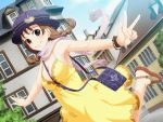  between_breasts bracelet braid breasts brown_hair daisounan dress game_cg hat jewelry karukaru ooe_mifuyu outstretched_arms scarf shoulder_bag smile strap_cleavage twin_braids v yellow_dress 