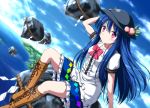  1girl blue_hair blue_sky boots bow clouds cross-laced_footwear floating_rock food fruit hand_on_hat hat hinanawi_tenshi long_hair looking_at_viewer nori_tamago ocean peach pink_eyes puffy_sleeves rock shimenawa shirt short_sleeves sitting_on_rock skirt sky solo touhou very_long_hair 