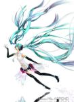  aqua_hair bridal_gauntlets floating_hair hatsune_miku hatsune_miku_(append) long_hair miku_append necktie open_mouth rituiti solo thigh-highs thighhighs twintails very_long_hair vocaloid vocaloid_append 