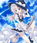  :d apron blonde_hair blue_eyes bow braid broom broom_riding cloud clouds dress hat highres kirisame_marisa mizumidori open_mouth open_mouthcloud ribbon sky smile solo touhou witch witch_hat yellow_eyes 