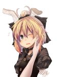  antennae blonde_hair blush bow brown_eyes flying_sweatdrops goose_h hachi105 hair_bow hand_on_another's_cheek hand_on_another's_face hand_on_cheek highres kurodani_yamame open_mouth pov recolored rinnrinn short_hair solo sweatdrop touhou wince 