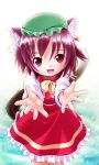 animal_ears brown_hair cat_ears cat_tail chen child dress ear_piercing hat multiple_tails necktie outstretched_hand piercing purple_hair red_dress red_eyes seminoyu short_hair smile solo tail touhou 