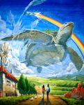  building cloud clouds dolphin hand_holding holding_hands original rainbow scenery sei_jun sky surreal tortoise turtle water windmill 
