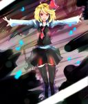  ascot black_legwear blonde_hair blush fang hair_ribbon highres open_mouth outstretched_arms red_eyes ribbon rumia short_hair skirt smile solo spread_arms tatwuku the_embodiment_of_scarlet_devil thigh-highs thighhighs touhou youkai zettai_ryouiki 