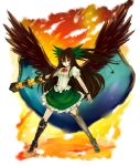  alternate_weapon arm_cannon bow brown_hair cape cheungchz hair_bow long_hair mismatched_footwear red_eyes reiuji_utsuho solo third_eye touhou weapon wings 