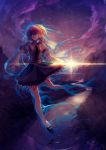  aura blonde_hair glowing glowing_eyes green_eyes highres lens_flare mizuhashi_parsee reflection river short_hair signature sky solo star_(sky) starry_sky touhou urami 