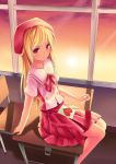  blonde_hair copyright_request desk hat hitsukuya long_hair school_uniform sitting skirt smile solo sunset valentine 