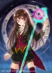  1girl brown_hair character_request clock_eyed formal fukahire_sanba glowing glowing_eyes kaku-san-sei_million_arthur long_hair open_mouth scepter shorts solo suit thighhighs vest violet_eyes 