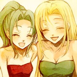  2girls blonde_hair blush breasts celes_chere cleavage closed_eyes eyes_closed female final_fantasy final_fantasy_vi green_hair hanarin happy karindrops leotard long_hair multiple_girls open_mouth ponytail smile tina_branford 