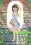  ataru_(ataru_squall) barefoot brown_eyes brown_hair dress feet_in_water flat_chest flower grass lowres open_mouth original short_hair skirt_basket solo squirrel standing striped striped_dress sundress wading water 