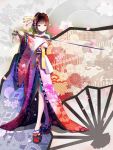  1girl absurdres bare_shoulders brown_eyes brown_hair collarbone courtesan floral_print flower geta hair_flower hair_ornament hair_stick hairpin highres holding_sword holding_weapon japanese_clothes katana kimono oiran original red_flowers shoes short_hair solo sword weapon 