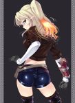  ass blonde_hair blue_eyes bolero boots cropped_jacket elf fiery_hair fire_hair from_behind glasses gloves looking_back mabinogi midriff multicolored_hair nksk pointy_ears shiny shiny_clothes short_shorts shorts side_ponytail standing thigh-highs thigh_boots thighhighs 