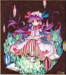  1girl :o book bow crescent crescent_moon crystal floating_object hair_bow long_hair moon mosho open_book patchouli_knowledge purple_hair red_eyes robe shikishi socks solo striped touhou traditional_media very_long_hair water white_legwear 