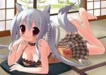  barefoot blush braid breasts cat_ears chocker choker cleavage feet grey_hair indoors looking_at_viewer lying minidraco nekomimi on_stomach original red_eyes shi-chan_(oruton) skirt smile solo tail toes twintails white_hair 