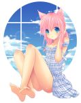  aqua_eyes bare_legs bare_shoulders barefoot blue_eyes cat_ears circle colored_eyelashes copyright_request crossed_legs dress feet gradient_eyes hitsukuya legs multicolored_eyes open_mouth pink_hair short_hair sitting sky soles solo 
