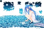  bare_legs bare_shoulders blue_hair dress hair_ornament hitsukuya long_hair original puzzle solo star white_dress 