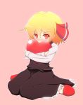  blonde_hair blush cassandra-0808 cassandra_(seishun_katsu_sando) covering_mouth frown hair_ribbon heart highres looking_at_viewer object_hug red_eyes ribbon rumia short_hair sitting slippers solo the_embodiment_of_scarlet_devil touhou wariza youkai 