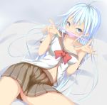  1girl bad_id blue_eyes blue_hair blush bow breasts collarbone covering_mouth denpa_onna_to_seishun_otoko long_hair maki_(makidai2024) naughty_face navel off_shoulder open_clothes panties panties_removed ribbon school_uniform skirt solo striped striped_panties touwa_erio underwear 