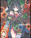  alternate_costume alternate_weapon arm_cannon asymmetrical_clothes asymmetrical_clothing bare_shoulders black_hair black_wings bow bridal_gauntlets colored_pencil_(medium) hair_bow long_hair marker_(medium) off_shoulder pekopokox purple_eyes radiation_symbol reiuji_utsuho shikishi solo thighhighs third_eye touhou traditional_media violet_eyes weapon wings 