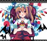  :d bat blonde_hair emyu flandre_scarlet fujishiro_emyu hands_clasped open_mouth red_eyes side_ponytail smile solo the_embodiment_of_scarlet_devil touhou wings 