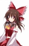  brown_hair detached_sleeves emyu fujishiro_emyu hair_ribbon hakurei_reimu miko navel red_eyes ribbon solo touhou 