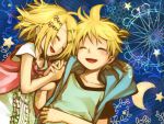  brother_and_sister closed_eyes eyes_closed hair_ornament hairclip hand_holding holding_hands junji kagamine_len kagamine_rin short_hair siblings smile star twins vocaloid 