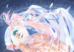  bow closed_eyes dress earth eyes_closed gloves goddess_madoka hair_bow hazukirin hug kaname_madoka long_hair magical_girl mahou_shoujo_madoka_magica solo space spoilers twintails ultimate_madoka very_long_hair white_gloves wings yellow_eyes 