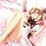  :o ahoge alcohol ayase_midori bare_legs barefoot blonde_hair blush bottle bow cherry_blossoms dress drill_hair drunk hat legs legs_up luna_child lying no_panties on_back open_mouth petals red_eyes sakazuki sake short_hair solo touhou white_dress 