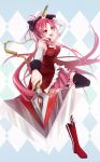  :d black_legwear boots bow breasts chain chains cleavage detached_sleeves hair_bow highres long_hair magical_girl mahou_shoujo_madoka_magica mayonaka_(240082) open_mouth pink_hair polearm ponytail red_eyes red_hair redhead sakura_kyouko smile solo spear taut_shirt thigh-highs thighhighs weapon zettai_ryouiki 