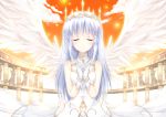  angel_wings bare_shoulders blush cloud clouds crown dress fujimoto_akio gloves hands_clasped highres saint_irene silver_hair sky sleeveless sleeveless_dress solo wings 