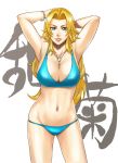  1girl arms_behind_head arms_up azasuke between_breasts bikini bleach blonde_hair blue_eyes bracelet breasts chain chains cleavage curvy female jewelry large_breasts lipstick long_hair looking_at_viewer makeup matsumoto_rangiku midriff mole mound_of_venus navel necklace pose smile solo standing swimsuit 