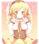  arms_up beret blonde_hair blush drill_hair hat long_hair magical_girl mahou_shoujo_madoka_magica sanotsuki skirt solo tomoe_mami twin_drills twintails yellow_eyes 