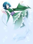  1girl animal_ears blue_eyes blue_hair bubble head_fins japanese_clothes knbilove long_sleeves mermaid monster_girl obi open_mouth short_hair smile solo touhou wakasagihime wide_sleeves 