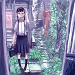  bag black_hair kneehighs mo-mo-ride original plant school_uniform skirt smile solo standing suspenders twintails 