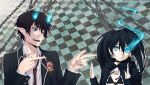  1boy 1girl ayane-ninja black_hair black_rock_shooter black_rock_shooter_(character) blue_eyes crossover okumura_rin school_uniform twintails 