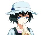  blue_eyes cait eating food fruit green_hair hat holding holding_fruit shiina_mayuri short_hair simple_background solo steins;gate 