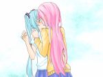  2girls blush hatsune_miku kiss long_hair megurine_luka multiple_girls pink_hair sweater twintails vocaloid yuka_(mikuxluka) yuri 